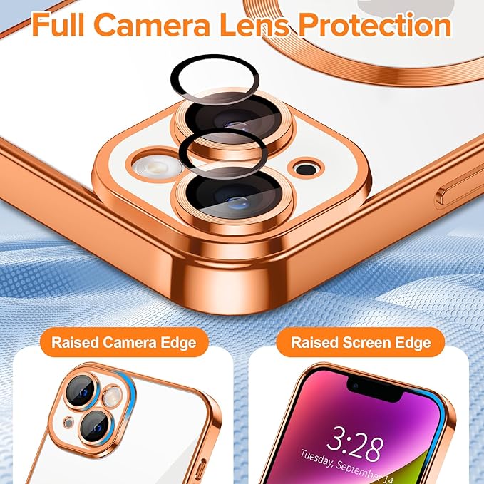 Hython Magnetic Clear for iPhone 14 Case with Camera Lens Protector [Compatible with MagSafe] Luxury Plating Edge Slim Soft TPU Cover Protective Phone Case for iPhone 14 6.1", Orange