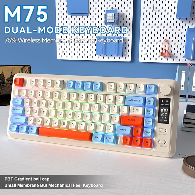 ZIYOU LANG M75 Wireless Gaming Keyboard, RGB Backlit Rechargeable 2000mAh Battery, Small Membrane But Mechanical Feel Keyboard with Smart Display & Knob, PBT Gradient keycaps for PC, MAC - Blueberry