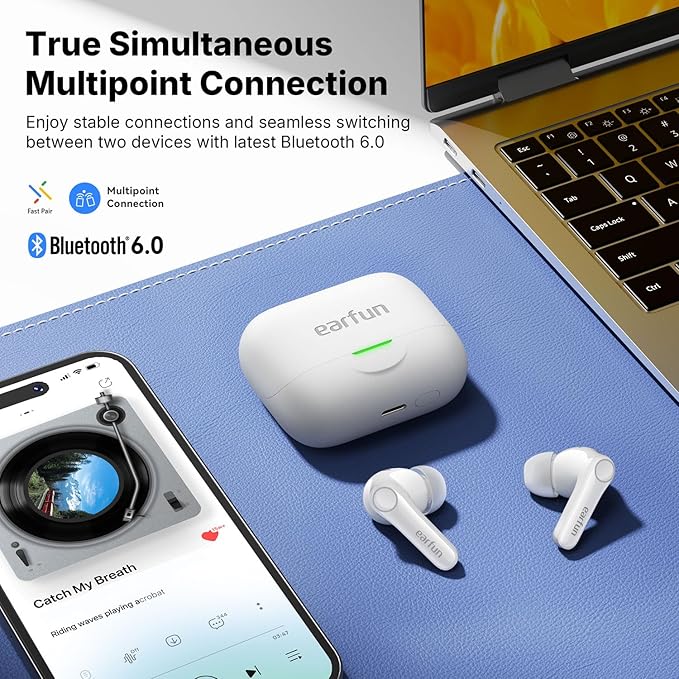 EarFun Air Pro 4+ Adaptive Noise Cancelling Wireless Earbuds, Qualcomm aptX Lossless, Dual Drivers, Translation Earbuds, Snapdragon Sound, 6 Mics AI Clear Call, Hi-Res Sound, Bluetooth 6.0, 54H, White