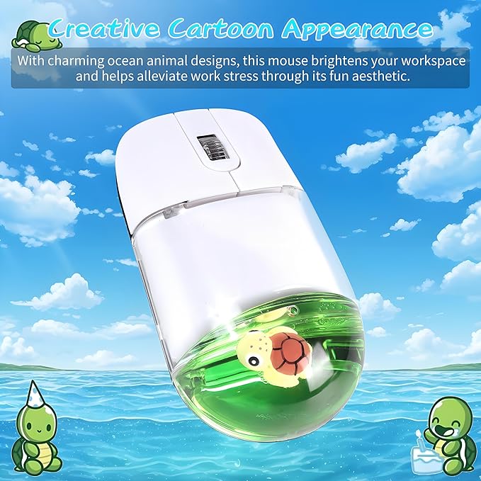 Wireless Mouse -Cute Clear Aqua Design, Water Mouse with Optical Precision, Silent Clicks, Lightweight & Floating Animal Transparent Retro Style for Home Office, Great for Kids & Adult(Turtle-Green)