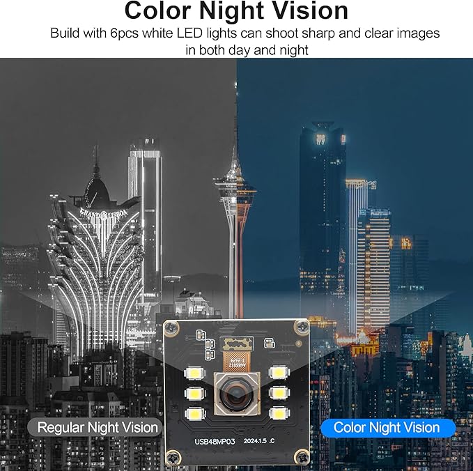 MMlove 48MP USB Camera Module 4K 30FPS Color Night Vision High Speed Autofocus Webcam Lightburn Camera 70° Viewing Angle Industrial Security Webcam for Face Recognition Streaming,PC/Laptop