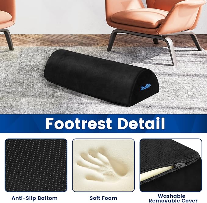 CloudBliss Foot Rest for Under Desk at Work,Office Desk Accessories with Soft Foam and Washable Removable Cover, Foot Stool for Office, Car, Home to Foot Support and Relax Ankles, Black, Long