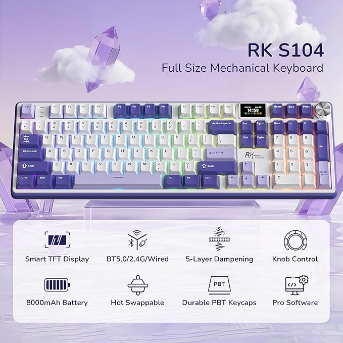 RK ROYAL KLUDGE S104 Wireless Mechanical Keyboard w/Screen & Knob, Tri-Mode 101 Keys Full Size Top Mount RGB Gaming Keyboard BT/2.4G/USB-C, 8000mAh Battery, Web Driver, Hot Swap Custom Linear Switch