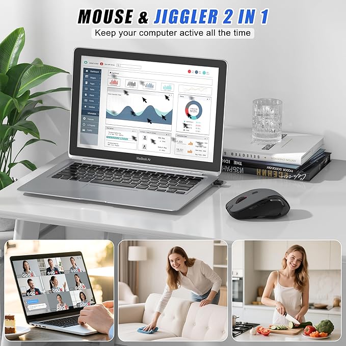 Bluetooth Wireless Laptop Mouse for MacBook Air Pro iPad Mac, Ergonomic Rechargeable Mouse with Jiggler Mode, 2 Mode Bluetooth & 2.4G USB-A/USB-C Receiver, Silent Optical Computer Mice, Grey
