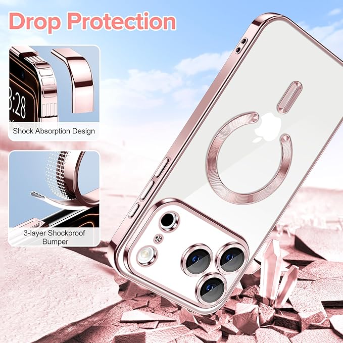 Hython Magnetic Clear for iPhone 17 Pro Max Case with Camera Lens Protector [Compatible with MagSafe] Plating Edge Slim Soft TPU Cover Protective Phone Case for iPhone 17 Pro Max 6.9", Pink