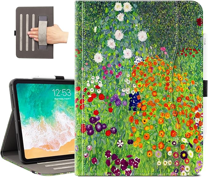 Vimorco for iPad Pro 11-inch Case M5/M4 2025/2024 Flower, for iPad Pro Case 11 Inch M5/M4 Pencil Holder/Hand Strap/Pocket/Screen Protection Band,Adjustable Angle,Auto Sleep/Wake, Floral Flowers Garden