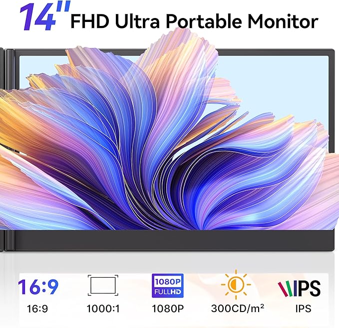 Laptop Screen Extender - 14" FHD IPS 1080P Dual Portable Monitor for 13.3"-17.3" Laptop USB-C/USB-A/HDMI Monitors Display Travel Work Monitor Extender for Mac Windows