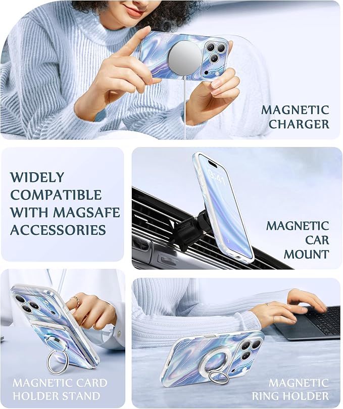 GVIEWIN for iPhone 17 Pro Case Compatible with MagSafe, [Full Camera Protection][Military-Grade Protection] Shockproof Protective Slim Magnetic Marble Phone Case for 17 Pro 6.3", Aurora/Azure Blue