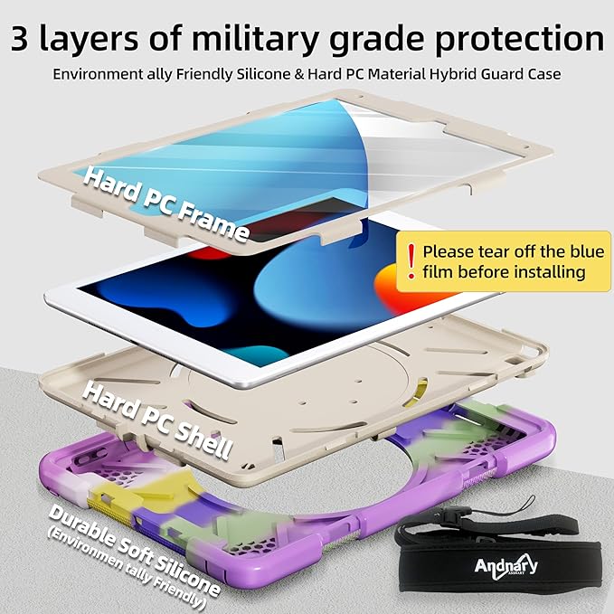 Andnary Case for iPad 9th/8th/7th Generation 10.2 inch, Shockproof Cover with Screen Protector/360° Rotating Handle/Bracket/Pen Holder/Shoulder Strap, Kid Case for iPad 2021/2020/2019(Colorful Purple)