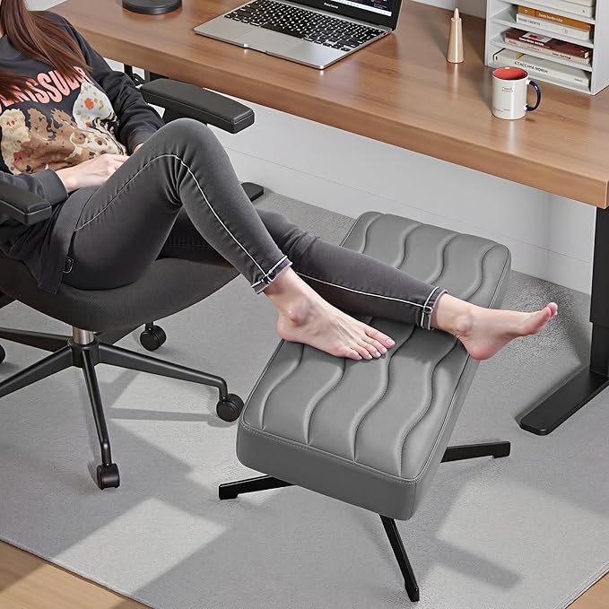 VECELO Under Desk Footrest, PU Ergonomic Foot Rest with Comfort Padding, Height Adjustable for Relieving Leg Pain, Stiffness, and etc, Gray