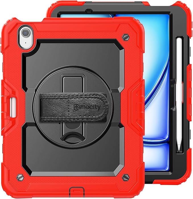 timecity Case for iPad Air 11 Inch M4 / M3 / M2 (2026/2025/ 2024), 360° Rotating Stand, Pencil Holder & Wireless Charging, Shockproof with Screen Protector & Shoulder Strap - for Designers, Red