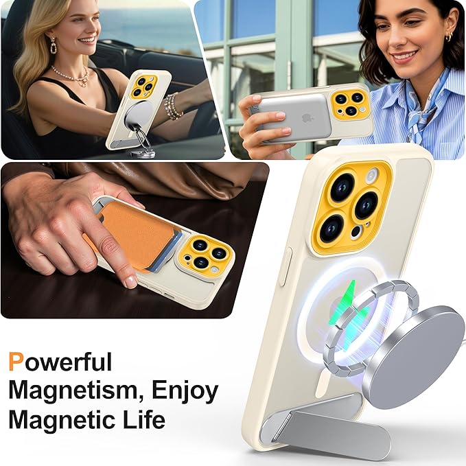 Magnetic Compatible with iPhone 13 Pro Case, [Built-in Kickstand][Full Camera Protection][Compatible with MagSafe][Anti-Fingerprint] Shockproof Phone Case for iPhone 13 Pro 6.1",Beige & Yellow
