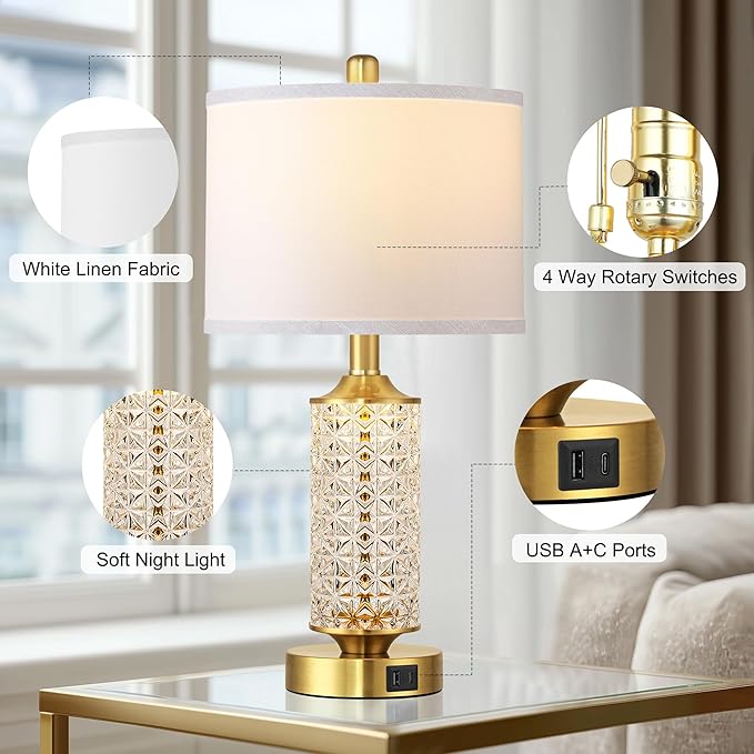 QiMH Set of 2 Table Lamps with USB A+C Ports, Modern Bedside Lamp with LED Night Light, Bedside Lamp for Bedroom, Nightstand Lamps for Living Room Office (Gold)(2 Bulbs Include)