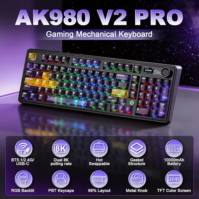 AJAZZ AK980 V2 Pro Wireless Mechanical Keyboard, 10000mAh Battery & Dual 8000Hz Polling Rate,Tri-Mode Gaming Keyboard with Smart Display/Knob, Hot Swappable for Win/Mac (Purple,Lychee Switch)