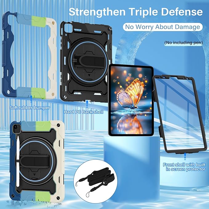 for iPad Pro 11 Case 4th 3rd 2nd 1st Gen (2022 2021 2020 2018) & iPad Air 5th 4th Generation 10.9 inch Case with HD Screen Protector, 360 Rotating Kickstand/Hand Strap, Shoulder Strap