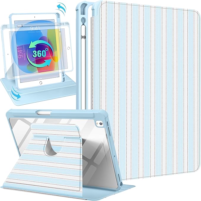 Uppuppy for iPad 9th/8th/7th Generation Case for iPad Air 3rd/ Pro 10.5” Case - 360 Rotating Stand Folio Smart Cover with Pencil Holder for Women Girl, BW Stripes for Apple Tablet 7/8/9 Gen 10.2 inch