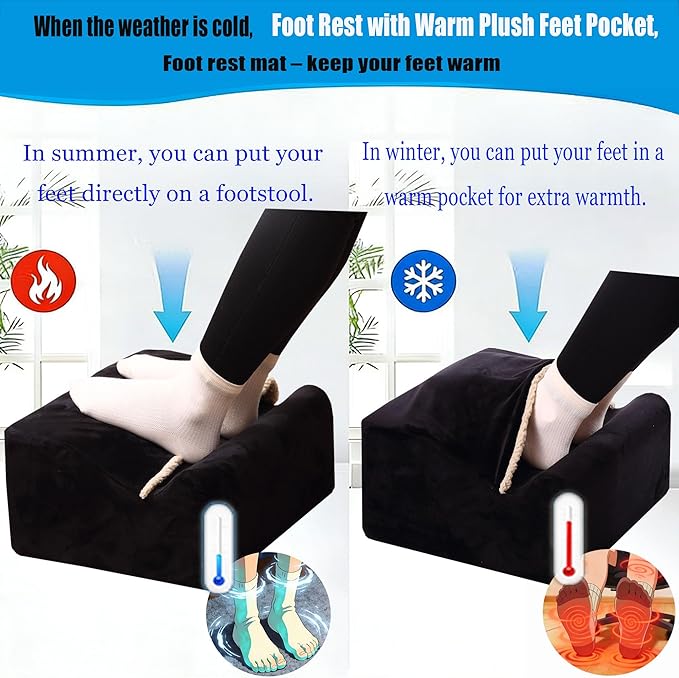 Foot Rest for Under Desk at Work, Office Footrest with Warm Feet Pocket,Ergonomic Under Desk Footrest with Washable Cover, Stool for Office Chair & Back &Pain Relief (Black+)