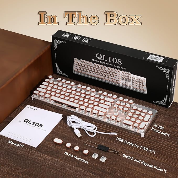 YUNZII QL108 Typewriter Style Mechanical Gaming Keyboard,Full Size Hot Swappable RGB Backlit Keyboards,Metal Panel Retro Punk Round Keycaps,USB Wired Computer Keyboard (Silver, Onyx Gray Switch)