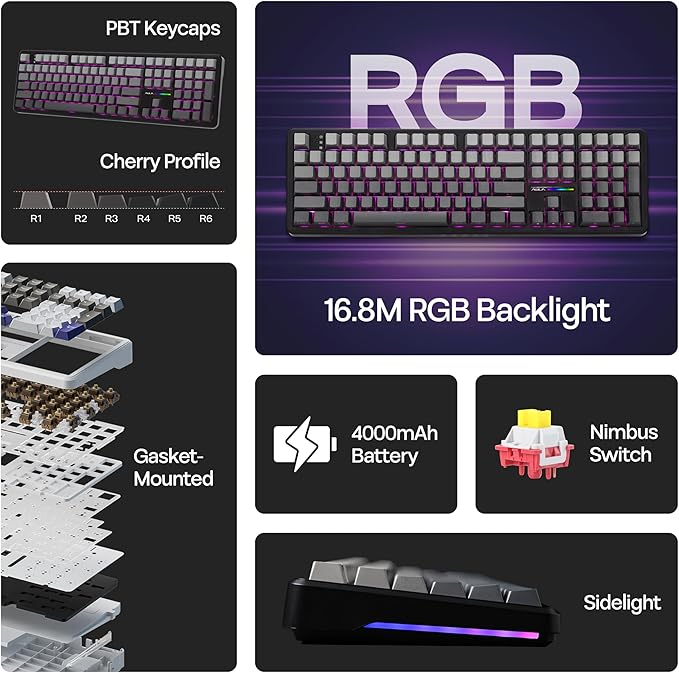 MechLands Aula F108 100% Wireless Gaming Keyboard, Full Size Custom Gasket Mechanical Keyboard, 4000mAh Battery, Programmable 108 Keys, Hot-Swappable, for Win/Mac (Black Gradient)