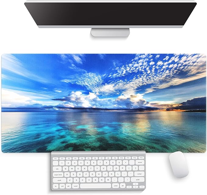 Large Gaming Mouse Pad (31.5" x 15.8")- Maldives Islands Paradise Majestic Tranquil Ocean Scene Mirrored Waters Overcast Clouds, Extra XXL Office Decor, Premium Stitched Anti-Slip Desk Mat