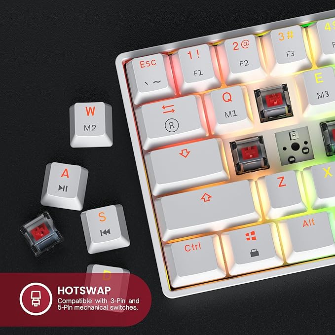 GK61 Mechanical Gaming Keyboard - 61 Keys Multi Color RGB Illuminated LED Backlit Wired Programmable for PC/Mac Gamer (Gateron Mechanical Black, White)