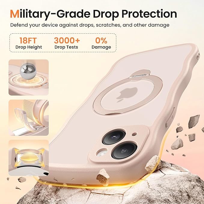 CAPRARO for iPhone 15 Case with 360° Spin Magnetic Stand for Women, [Compatible with MagSafe] [Full Camera Protection] Cute Wave Translucent Matte Case for iPhone 15, Rose Gold
