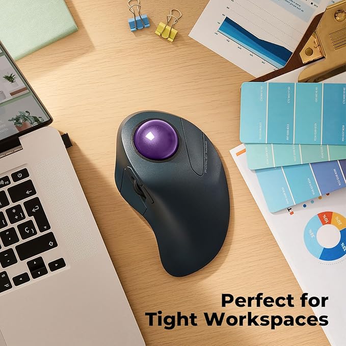 Wireless Trackball Mouse for Large Hands, Ergonomic Index Finger Control, Rechargeable Bluetooth/USB Mouse with Precise Smooth Tracking, Multi-Device Connection for Windows & Mac, Purple