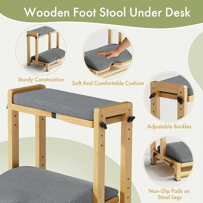 Double Step Foot Rest Under Desk, Adjustable Wooden Desk Foot Rest with 4 Heights, Ergonomic Foot Stool with Cushion for Office, Gaming & Study (Natural Color)