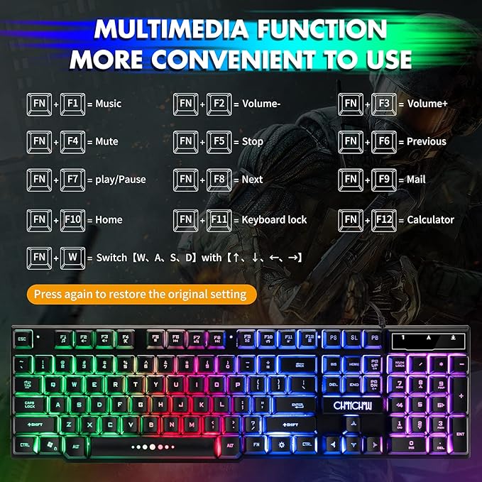 CHONCHOW Gaming Keyboard and Mouse Led Backlit USB Wired with Light Up 104Key 3600DPI 2 Side Button Mouse Keyboard Mechanical Feeling Compatible with PC Mac OS Xbox Ps4 Ps5 with Mousepad