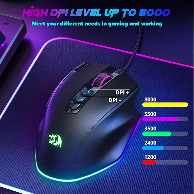 Redragon Wired Gaming Mouse, RGB Backlit Ergonomic Gamer Mouse Up to 8000 DPI, 11 Programmable Buttons & 7 Backlit Modes, Extra Sniper Button, Mouse Gamer for Windows PC Gamers, M614