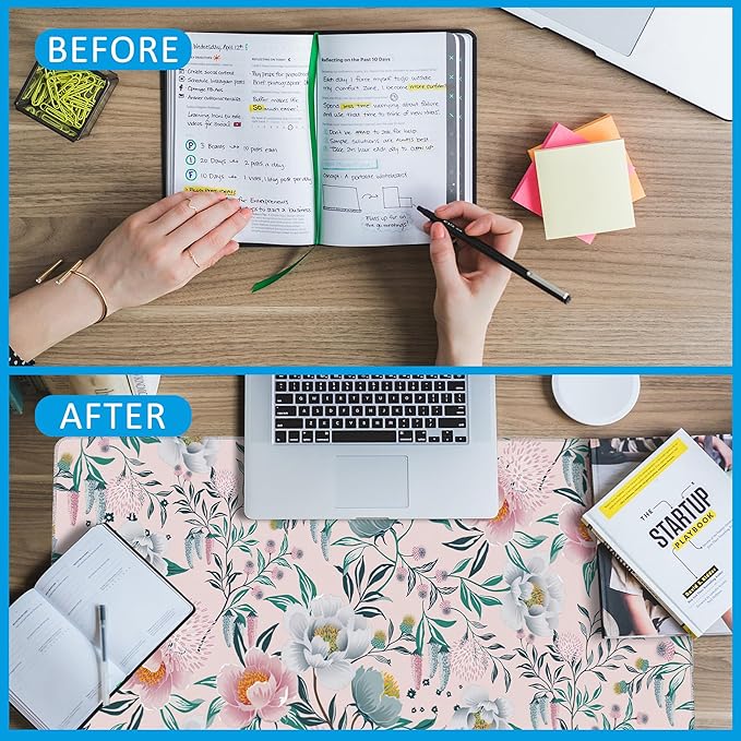 Floral Desk Mat,Large Gaming Mouse Pad,Non-Slip Rubber Base Desk Pad with Stitched Edges for Desk Office Home Decor 35.4X15.7 Inch