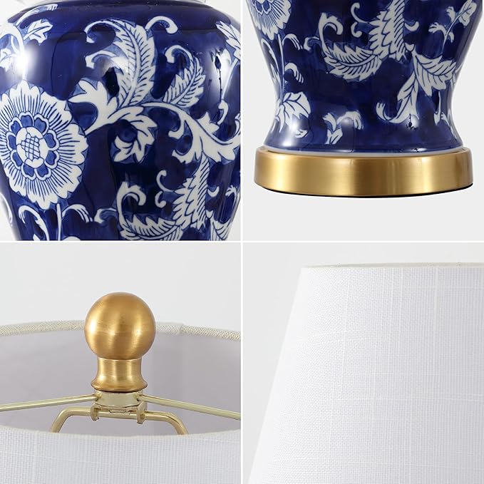 JONATHAN Y 22" Navy/White Ceramic Table Lamp, French Country Chinoiserie Ginger Jar LED Bedside Lamp for Living Room Bedroom, White Linen Shade (JYL3005D)
