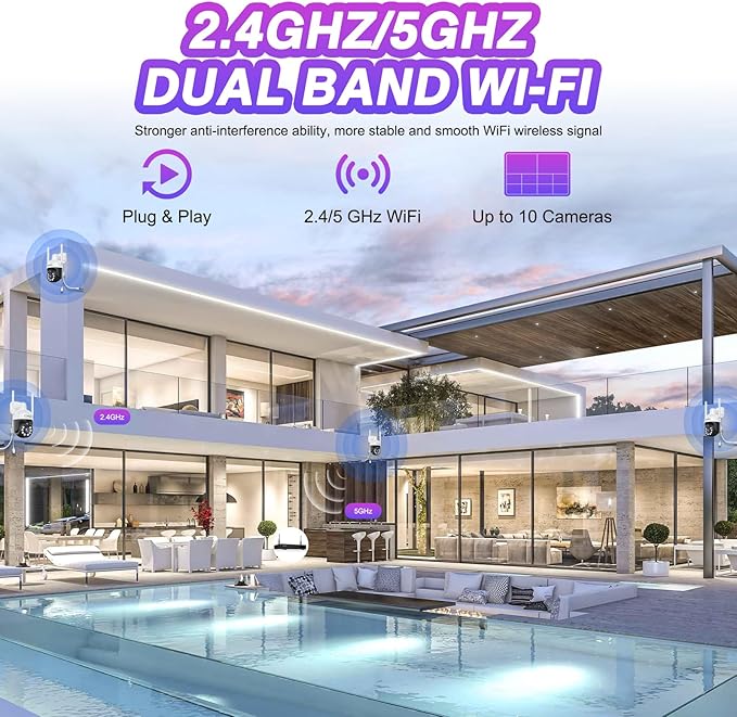 CKK 2K Security Camera Wireless Outdoor, 2.4G/5G Wireless, 360 Degree PTZ, PIR Motion Detection, Color Night Vision, 2-Way Talk, IP66 Waterproof, Audible & Floodlight Alarm for Home, Garage and Yard