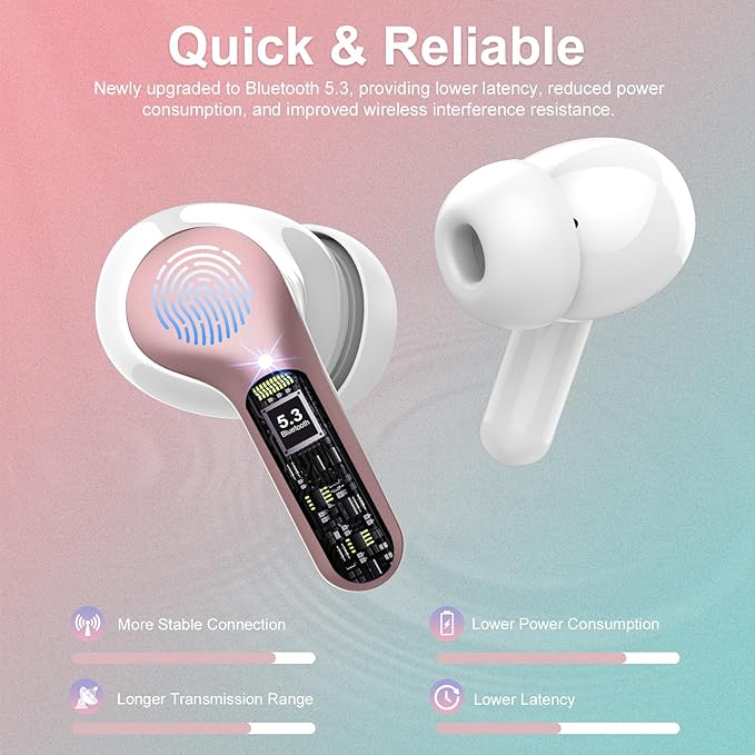 Wireless Earbuds, Bluetooth 5.4 Headphones HiFi Stereo, Bluetooth Earbuds with ENC Noise Cancelling Mic, IP7 Waterproof in Ear Earphones, 48H, LED Display Ear buds for Pad Workout Sports, Rose Gold