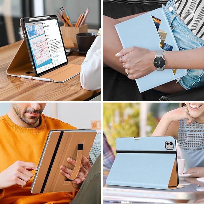 DTTO for iPad Pro 13 inch Case (M5/M4) 2025/2024, Premium Leather Business Folio Stand Cover with Pencil Holder - Auto Wake/Sleep & Multiple Viewing Angles, Built in Hand Strap & Pocket, Ice Blue
