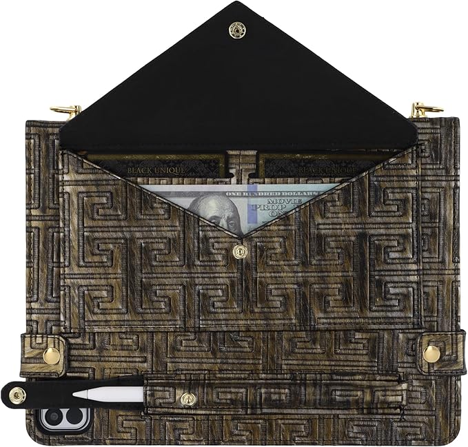 Handbag Case for iPad Pro 12.9" 2018-2022 & iPad Air 13-inch 2024-2025 - Techcircle Vintage Maze Pattern Crossbody Folio Stand Case with Pencil/Card Holder, Hand Grip/Shoulder Strap, Retro Bronze