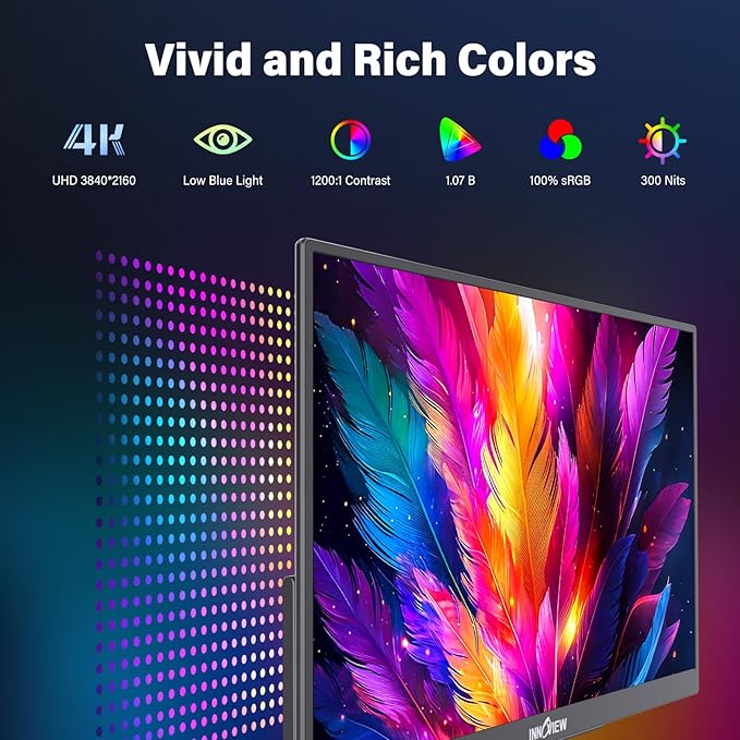 InnoView 15.6 inch Portable Monitor 4K UHD 3840x2160 | 100% sRGB HDR | External Monitor with 2 USB-C & HDMI Ports | Travel Second Monitor for Laptop Mac PC Xbox PS5 Switch (Includes Adapter)