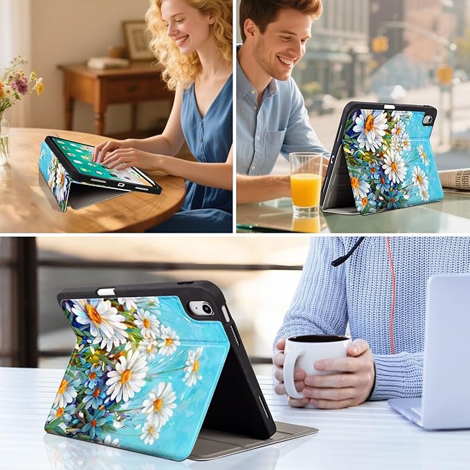 Vimorco for iPad A16 Case 11-inch 2025, for iPad (A16) 11th/10th Generation Case Pencil Holder, Typing Stand & 4 Viewing Angles, Faux Leather Slim Cover, Auto Sleep/Wake, Daisy Flower