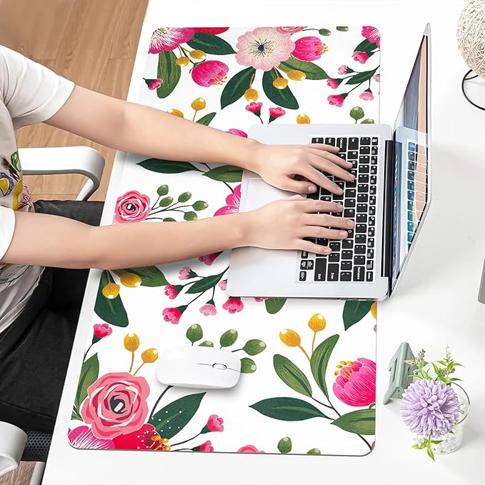 Bloss Pink Floral Desks Mat,Clearance Overstock Limited Stock Discontinued Size 31.5x15.7Inch Large Mouse Pad,Anti-Slip Computer Desk Pad,Keyboard and Mouse Pad,Pink Keyboard Protector Pad Mat
