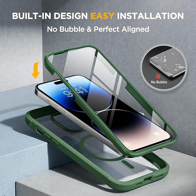 Miracase Magnetic for iPhone 14 Pro Max Case 6.7 inch, (Compatible with MagSafe) Upgrade Full-Body Clear Phone Bumper Case with Built-in 9H Tempered Glass Screen Protector, Magnetic Acacia Green