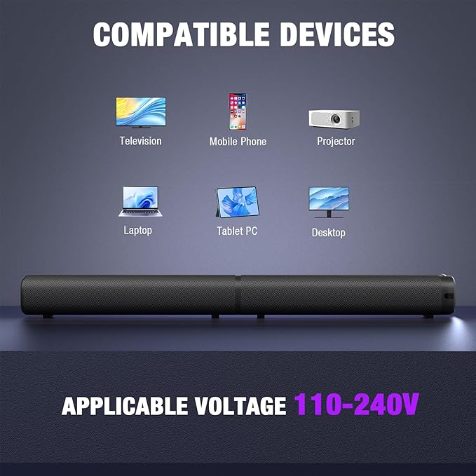 Puriom Sound Bar for Smart TV, 100W Sound Bar with Bluetooth 5.3/ARC/Opt/AUX Connect, 2-in-1 Detachable Home Soundbar, Home Theater Speaker & Bass Effect, for TV/PC/Projectors