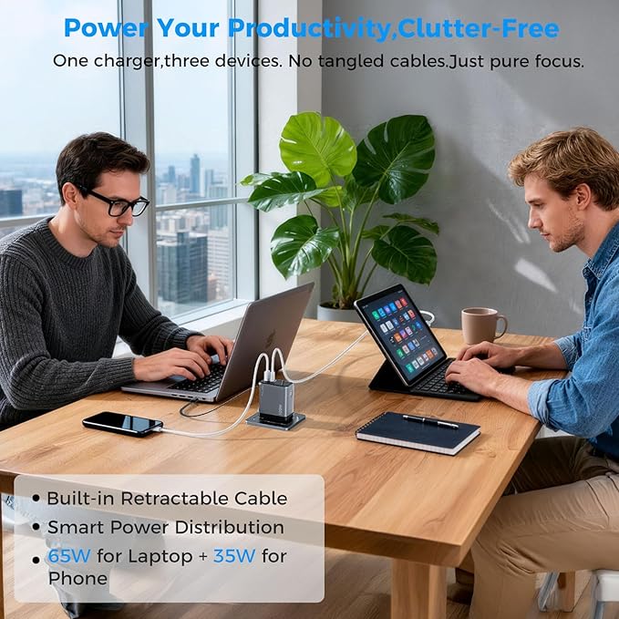 Retractable 100W USB C Charger, 3-Port GaN Fast Phone Charger with Smart Display & Touch Control, Foldable Wall Charger for iPhone 17/16, MacBook Pro/Air, iPad & More (Built-in Cable)