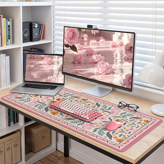 iLeadon Desk Protector Pad Mat Pink, Large Floral Mouse and Keyboard Pad with Smooth Lycra Surface, Long Full Desk Mouse Pad for Laptop, Gaming Desks Mat Cute for Office, Home (Pink)