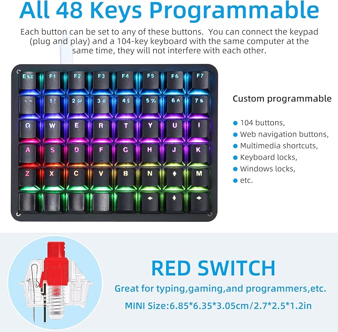 Koolertron One Handed Mechanical Gaming Keyboard, 48-Key Fully Programmable Mini Keypad, Mini USB Macro Keyboard with RGB LED Backlit, for Windows PC Gamer (48 Keyboard/Red Switches)