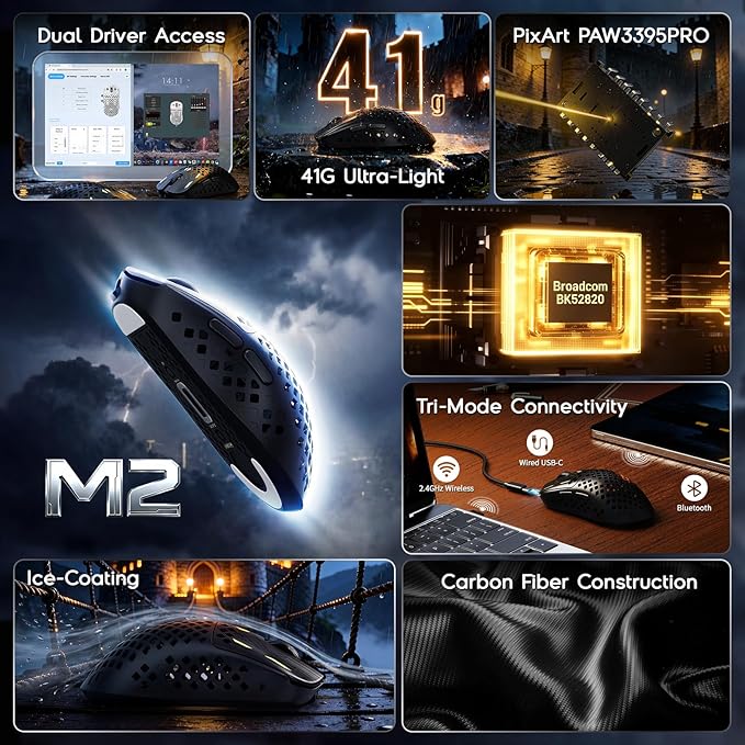 ATTACK SHARK MAMBASNAKE M2 Wireless Gaming Mouse,41g Ultra-Lightweight Carbon Fiber Mouse,40,000 DPI,PAW3395PRO Sensor,Wired/BT/2.4GHz Wireless Programmable Mice for Mac/PC Gamer(Black)