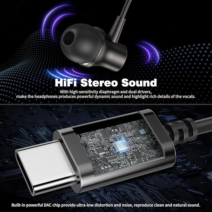 COOYA USB C Headphones Type C Wired Earbuds for iPhone 17 16 Pro 15 iPad 10 Air 6 Pixel 10 9 Magnetic Bass Noise Canceling in-Ear Earphones+Mic for Samsung Galaxy S26 S25 Ultra A16 S23 for OnePlus 13