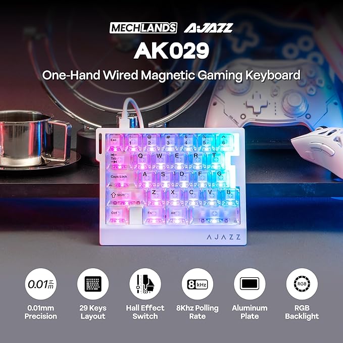 MechLands AJAZZ AK029 One Handed Gaming Keyboard, 8Khz Polling, 29 Keys Rapid Fast Wired Keyboard, SOCD & DKS, Magnetic Switch, Adjustable Actuation, RGB Backlits, Aluminum Plate (White Transparent)