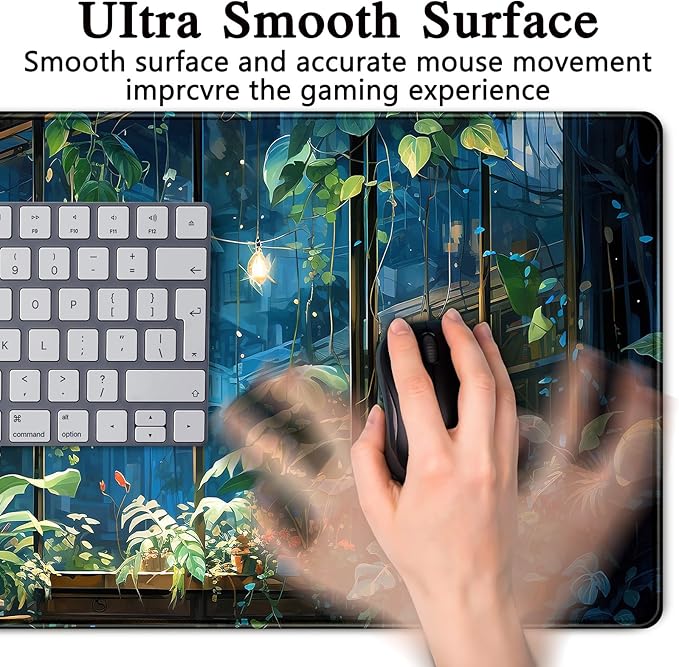 Plant Desk Mat Green Big Mouse Pad Large Gaming Mousepad Extended Keyboard Pad City View Aesthetic Desk Pad XXL Mouse Mat 31.5''X15.7'' Office Decor Cute Desk Accessories for Women