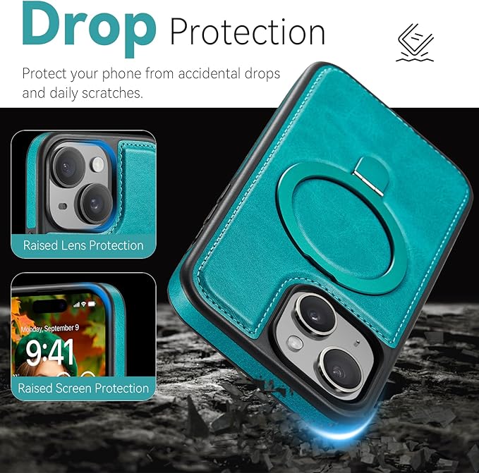 for iPhone 15 Case with Stand, Compatible with Magsafe, Slim Thin PU Leather & Durable TPU Drop Proof Magnetic Protective Phone Cover with Tempered Glass Screen Protector 6.1", Turquoise
