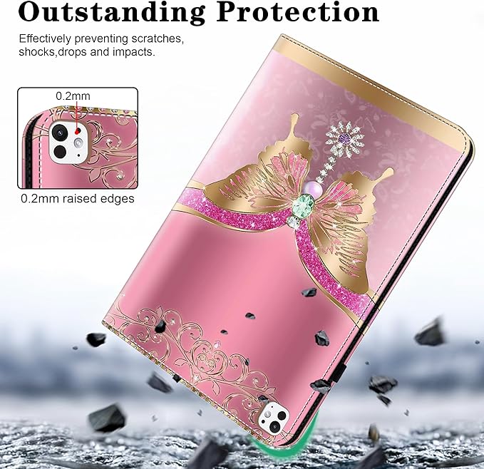 Case for iPad Pro 11 inch Case (M5/M4) 2025/2024, Premium Leather Folio Stand Cover with Auto Wake/Sleep, Pencil Holder and Card Slots - Pink Butterfly